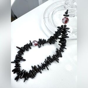 Cell wristlet, lanyard, keychain, bag/purse charm, glossy black, blood red beads